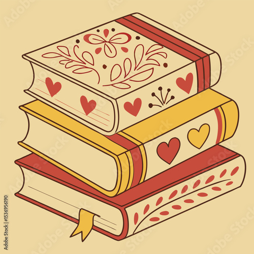 A delightful vector illustration features an open book with additional books and a tempting chocolate birthday cake