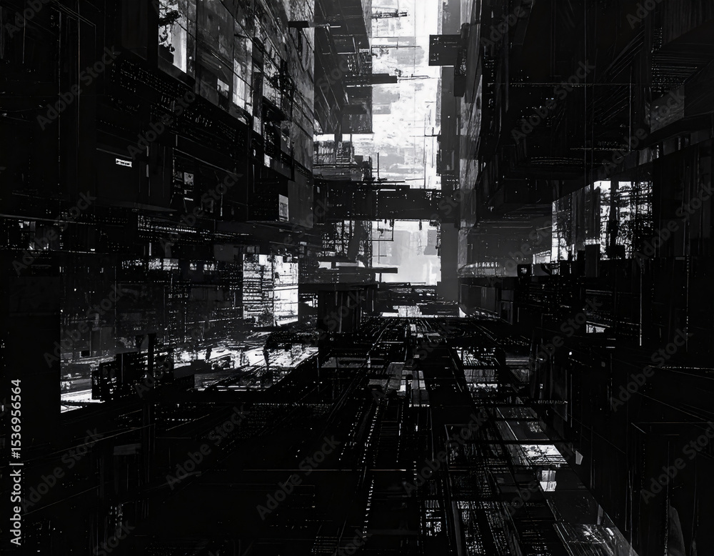Fototapeta premium 都市の建築が動的な幾何学グリッドで構成されており、人間の脳波や感情ネットワークと同期して変形する。バグが発生すると感情ノイズが視覚化され、都市構造がグリッチして崩れる都市景観