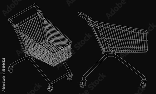 Two shopping carts appear to roll on a sleek black background, conveying motion and energy. The stroller-like design suggests convenience, while the empty baskets imply space for goods.