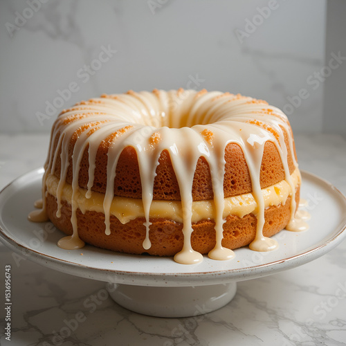 Tres leches cake with dripping glaze on white background, dessert table