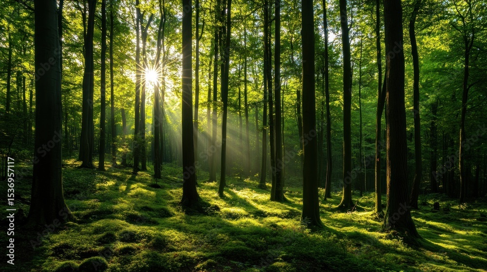 Fototapeta premium Sunlight streams through a dense forest
