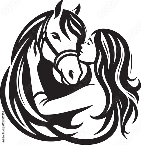 A girl tenderly embracing a horse a stunning black and white vector art design showcasing equine love and friendship