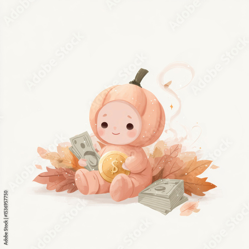Cute pumpkin character sitting among autumn leaves with money in hand during fall season