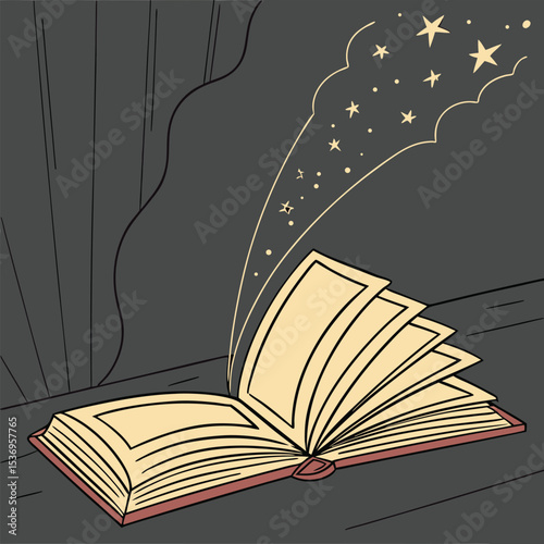 An open book on a table, surrounded by old books, symbolizes learning, knowledge, and the magic of literature