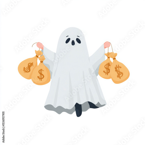 Cute ghost carrying bags of money in a playful Halloween-themed illustration