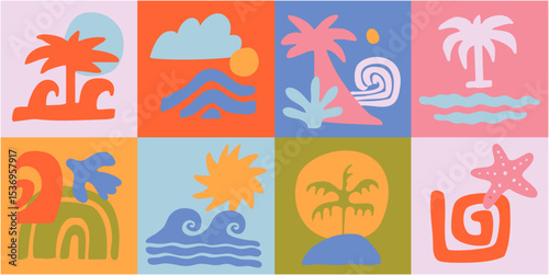 Social media banner. Colorful vector set of abstract summer doodles, organic shapes and forms. Hand drawn Matisse ocean collection. 