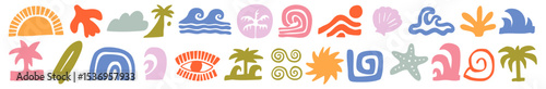 Colorful vector set of abstract summer doodles, organic shapes and forms. Hand drawn Matisse ocean collection. Modern elements in trendy minimalist style for social media banners