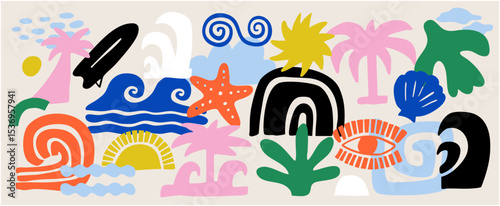 Social media banner. Colorful vector set of abstract summer doodles, organic shapes and forms. Hand drawn Matisse ocean collection. 