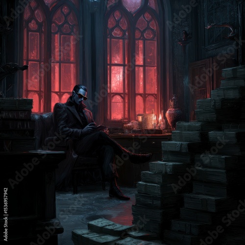 Mysterious figure seated in a dimly lit room surrounded by glowing candles and stacks of books
