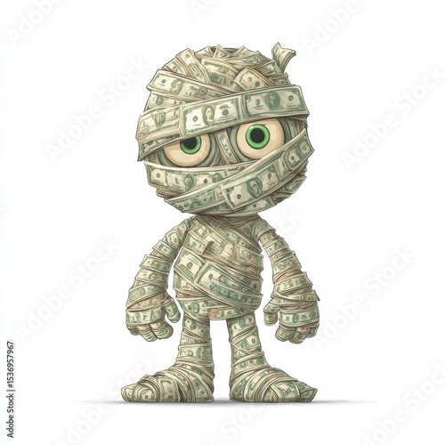 Money-themed character wrapped in dollar bills standing in a playful pose on a white background