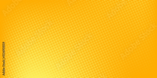 Yellow orange halftone background. Retro comic grain texture. Pixilated dots cartoon wallpaper. Pop art faded gradient pattern.
