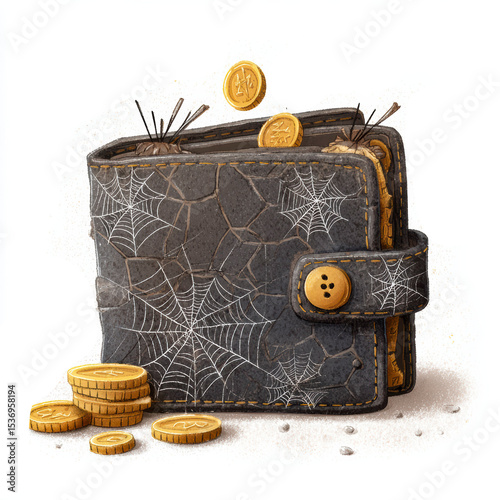 Wallet filled with coins and webs showcasing neglect and financial issues