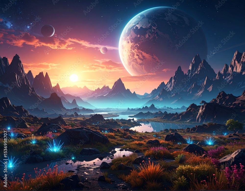 Fototapeta premium An alien landscape with a large planet, a smaller moon, and mountains under a sunset sky, featuring glowing blue alien plants.