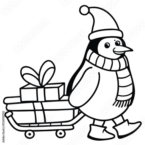 Cute cartoon Santa Claus and a happy snowman share gifts, celebrating a fun winter holiday