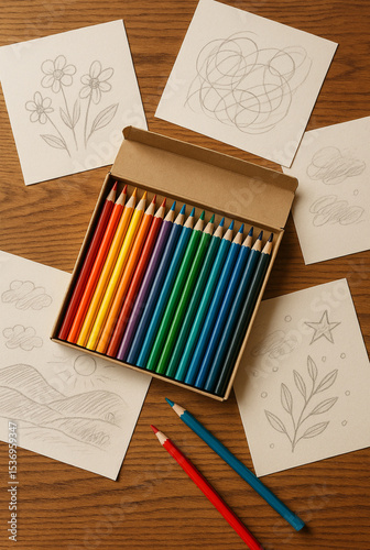 Open Box of Pencils on Wooden Table with Art Sheets