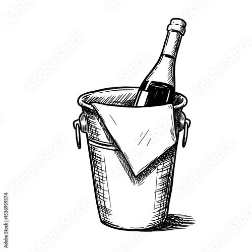 Bottle of wine in metal bucket with napkin for dining experience  