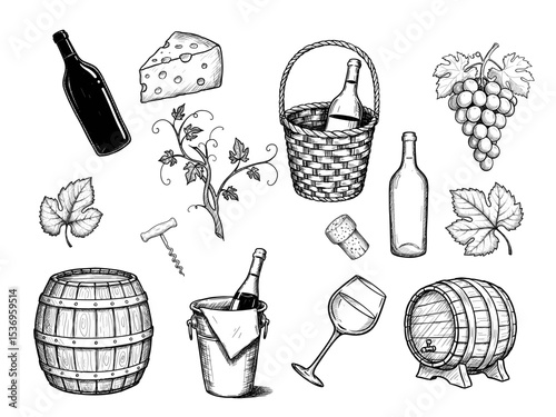 Winemaking set with bottles, grapes, cheese, and barrels in sketches  