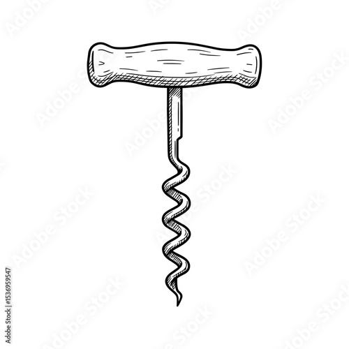 Corkscrew tool with wooden handle in hand-drawn style  