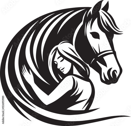 A girl tenderly embracing a horse a stunning black and white vector art design showcasing equine love and friendship