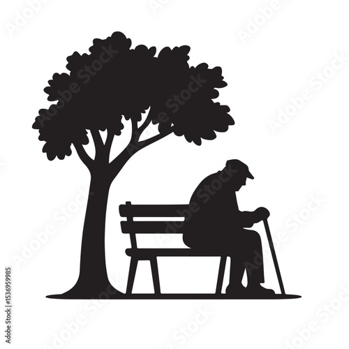 Lonely Elderly Man Sitting Under Tree on Park Bench