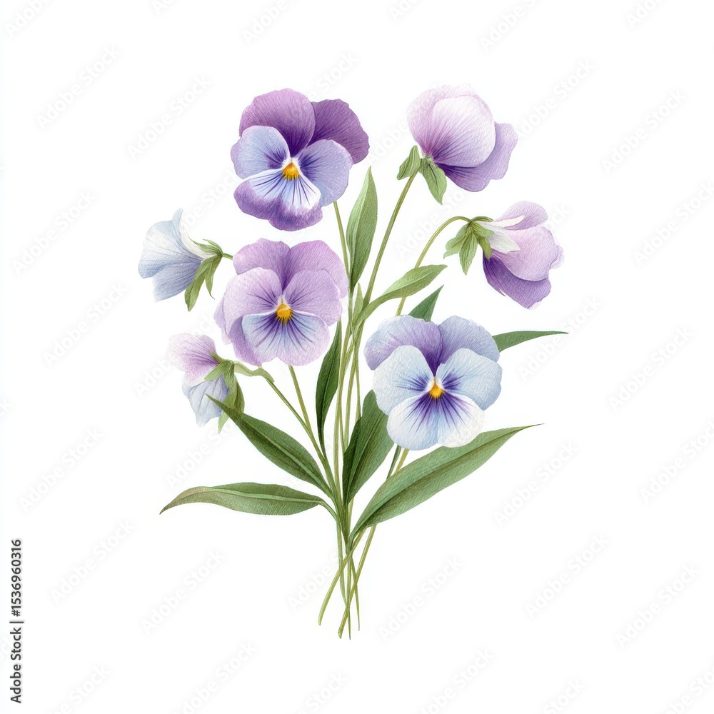 Naklejka premium Watercolor painting of a delicate bouquet of purple and blue pansies