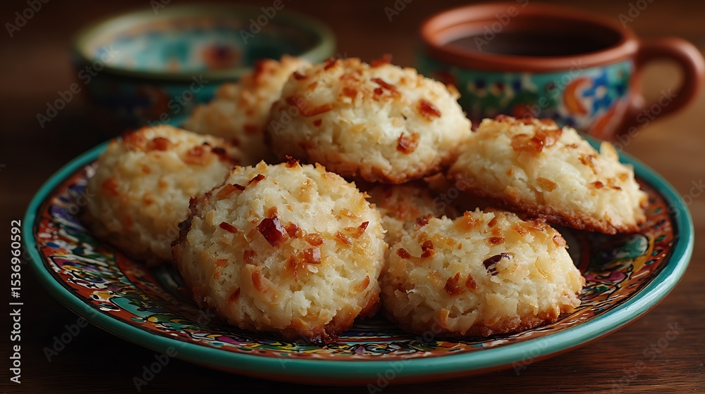 Fototapeta premium Coconut cookies sit on bright, patterned plate.