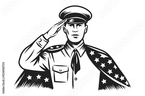 Monochrome Icon of Saluting Soldier Draped in American Flag Cape


