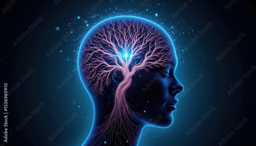 Obraz premium Surreal woman's portrait, a tree of thoughts blooming within her mind