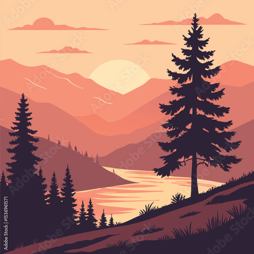 Winter sunset over a foggy mountain forest with silhouetted pine trees and snow-covered valleys