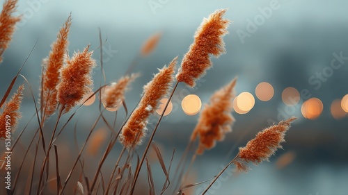 Macro shot of fluffy cattail reeds against a blurred background with soft bokeh lights.