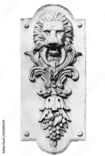Isolated pixel art photo of lion head bas relief on white background.