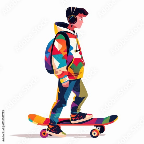 A person riding a skateboard with headphones