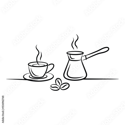 Coffee cup and cezve isolated on white background