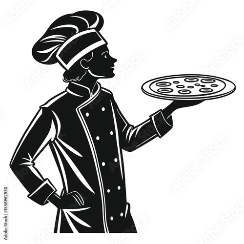 Cartoon chef with hat holding delicious Italian pizza illustration