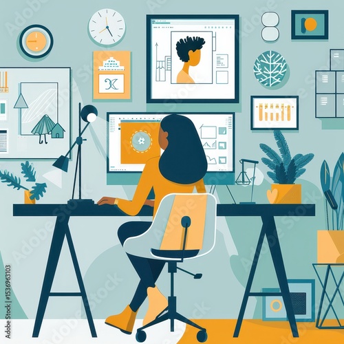 A woman sitting at a desk with a computer and a clock