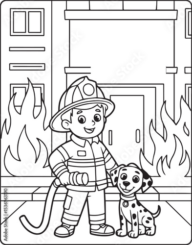 Coloring page for kids, Cute firefighter works for rescuing a dog vector line art illustration for coloring book