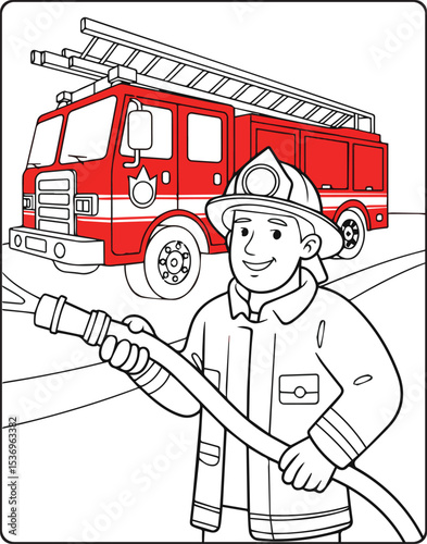 Coloring page for kids, A firefighter with rescue truck vector line art illustration for coloring book
