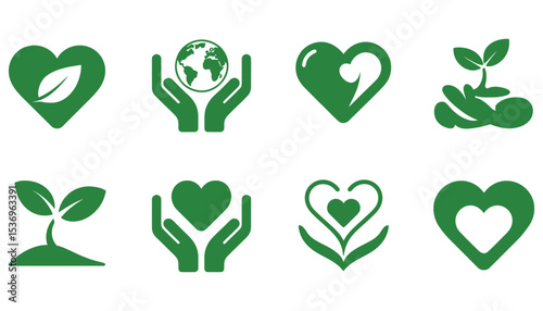 Green eco vector icons: nature, leaf, tree, recycle, health, and heart symbols illustrate environmental care