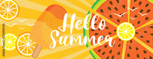 Colorful hello summer vacation banner with fruits and ice cream. Hand drawn vector illustration.