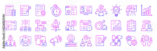 Project management business strategy planning development vector line icons