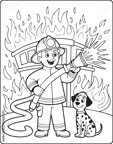 Coloring page for kids, Cute firefighter rescuing a dog vector line art illustration for coloring book