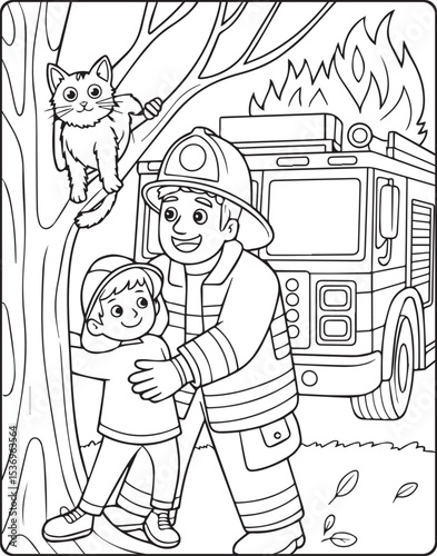 Coloring page for kids, A firefighter works rescuing a boy and cat vector line art illustration for coloring book