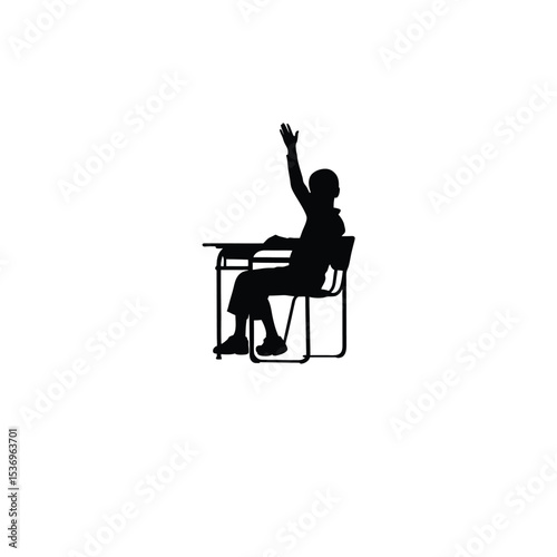 student raising hand in classroom silhouette on white background