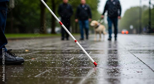 Visually Impaired Person Navigating City Street with White Cane on Rainy Day
