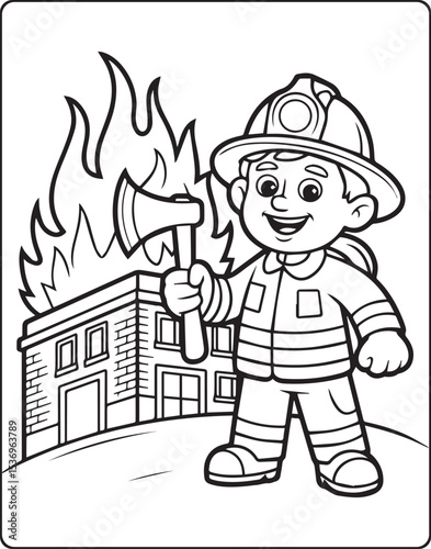 Coloring page for kids, Cute firefighter works vector line art illustration for coloring book
