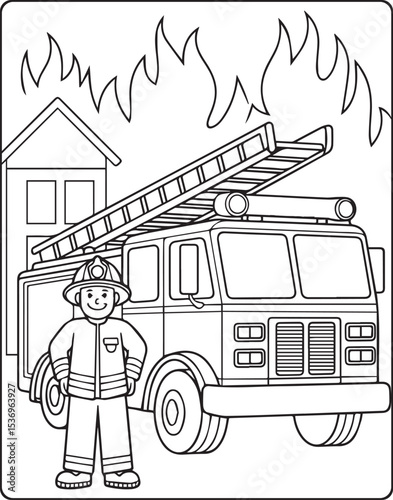 Coloring page for kids, Cute firefighter works with rescuing truck vector line art illustration for coloring book