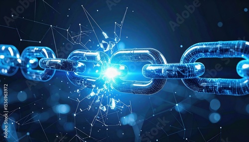 A glowing digital chain link is breaking, symbolizing cybersecurity breach or blockchain vulnerability in a futuristic digital environment.