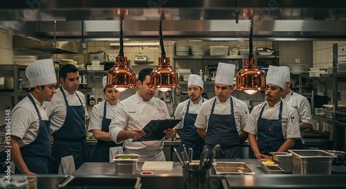 Culinary Collaboration Chefs Huddle Over Recipes in a Professional Kitchen