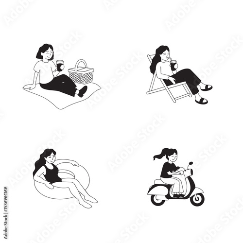 vector illustration of a summer girls, girl on a picnic, swimming pool, girl on a bike and girl on thigh, set of icons