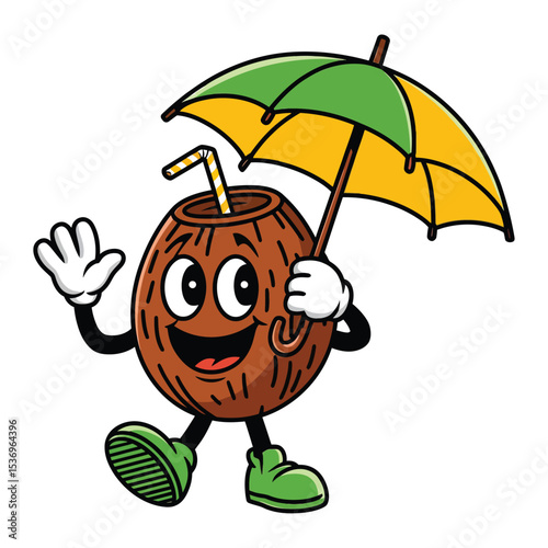 A cheerful cartoon coconut character with a straw sticking out from the top is holding a large green and yellow umbrella